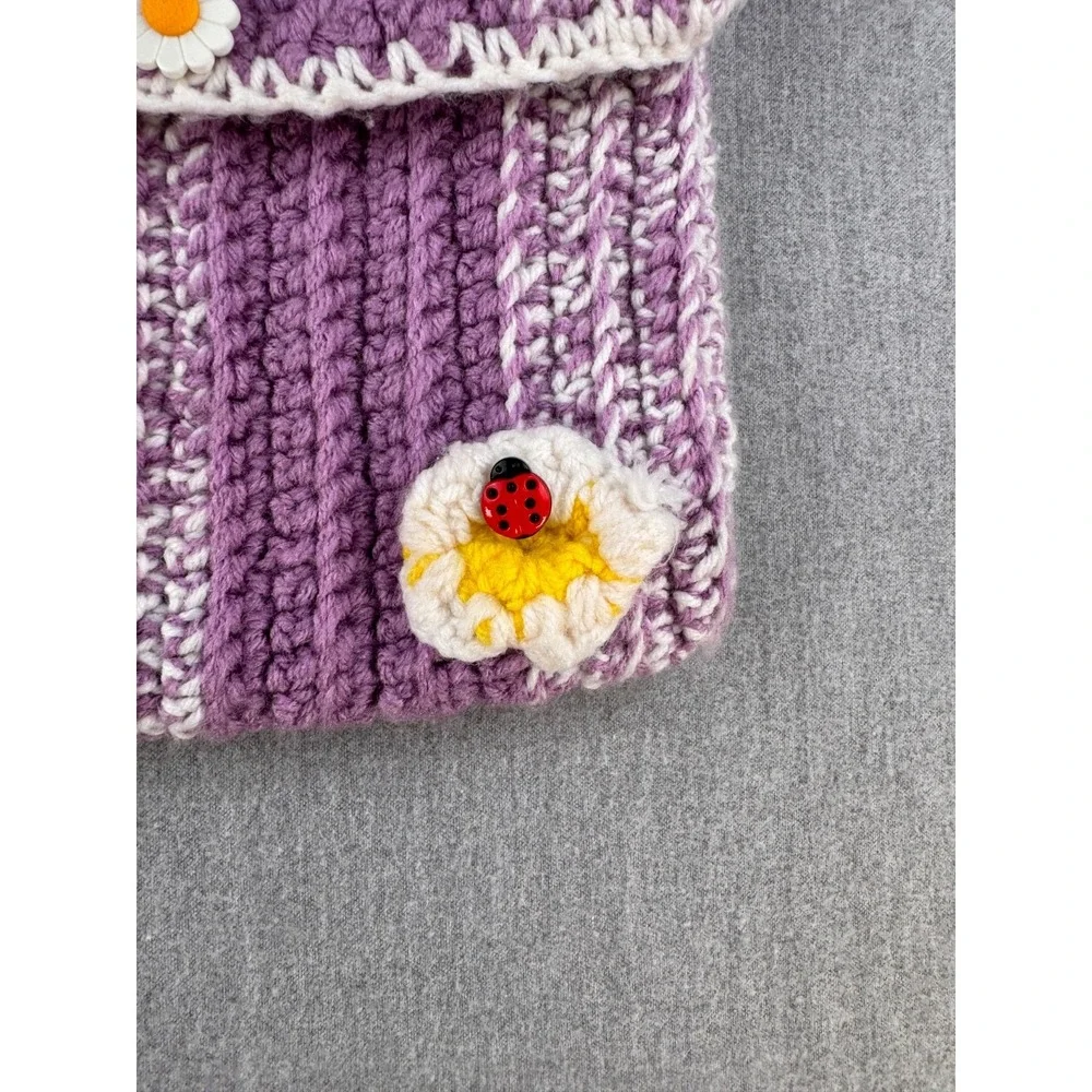 Handmade Crochet Crossbody Bag Purple White Daisy Ladybug Cottagecore Boho - Picture 6 of 15
